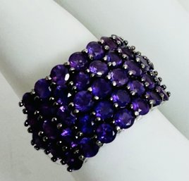 SIGNED DK STERLING SILVER AMETHYST RING WITH 5 ROWS OF STONES