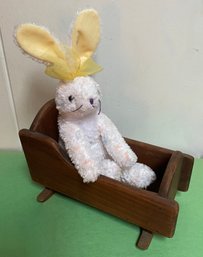 Vintage Wooden Doll's Cradle With Cute Bunny