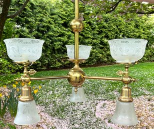 A Gorgeous Vintage Brass And Etched Glass Gas Light Chandelier