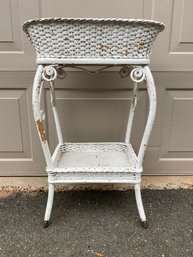 Antique Wicker Plant Stand With Distressed White Paint. Stands 27' Tall.