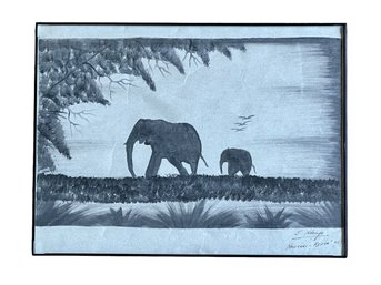 Serene Ink Drawing Of Elephants With Landscape From Nanyuki, Kenya - Signed And Dated