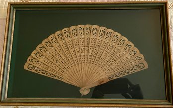 Vintage Sandalwood Folding Fan Wit Openwork In Shadow Box