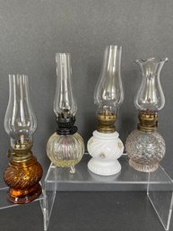 Lot Of 4 Vintage Miniature Oil Lamps  One Ceramic 3 Glass  ( READ DESCRIPTION)