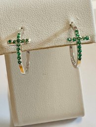 JTV SIGNED STERLING SILVER LAB CREATED EMERALD CROSS HOOP EARRINGS