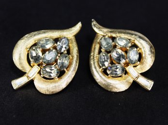 PAIR SIGNED TRIFARI GOLD TONE SMOKY RHINESTONE LEAF EARRINGS