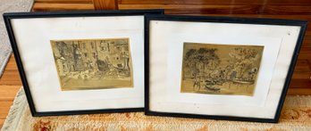 Pair Lionel Barrymore Framed Gold Foil Etchings ~ Old Red Bank & Courtyard Venice ~