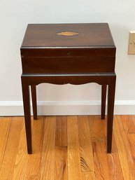 MAHOGANY INLAID SHELL BOX ON STAND SIDE TABLE