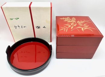 New In Box Genuine Lacquer Serving Dish & Juubako Tiered Box For Osechi Ryori (New Year's Foods)