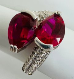 BEAUTIFUL SIGNED FE STERLING SILVER PEAR SHAPE RUBY AND WHITE STONE RING