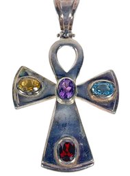 Large Sterling Silver Ankh Pendant Having Genuine Gemstones 2 1/4'