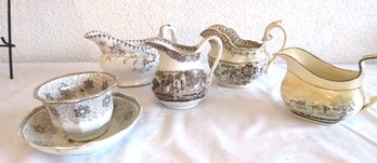 Grouping Of Brown Transferware Gravy Boats & Serving Ware
