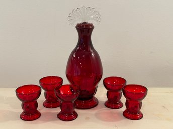 Vintage Ruby Red Glass New Martinsville Moondrops Decanter And 5 Glasses