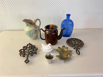 Lot Of Antiques Including Milk Glass Chicken, Enamel Teapot And More