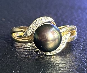 Dramatic 14K Black Pearl And Diamond Ring Size 7