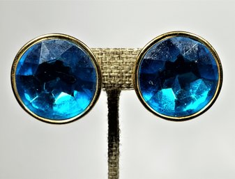 Large Blue Glass Stones Gold Tone Signed NAPIER Earrings`