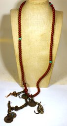 Ethnographic Stone Beaded Necklace Having Silver Coins W Turquoise