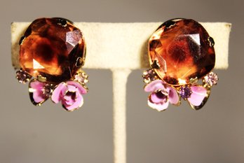 GREAT SIGNED 'WEISS' LARGE PINK GLASS STONE ENAMEL FLOWERS EARRINGS EAR CLIPS