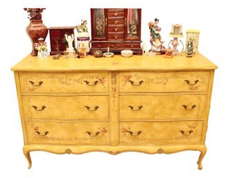 Mid Century French Provincial Yellow Chest Of 6-Drawers With Embellished Wirh Floral And  Scrolls Motifs