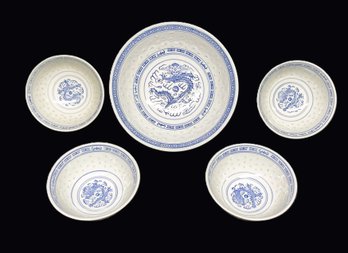 Vintage Chinese Blue & White Translucent Dragon Rice Bowls