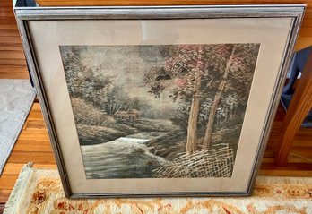 Framed Antique Needlepoint ~ Trees With Small Waterfall ~