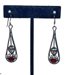 Beautiful Arts & Crafts Style Sterling Silver Pierced Earrings W Red Stones