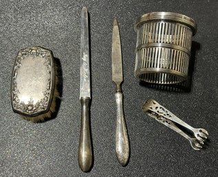 Misc Antique Sterling Lot ~ Baby Brush, Tongs, Knife And More