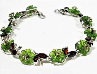 Vintage Sterling Silver Bracelet Genuine Garnets & Glass Green Flowers