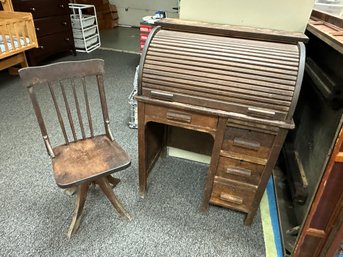 Child's Antique Roll Top Desk And Chair