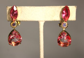 VINTAGE PINK RHINESTONE GLASS STONE CLIP DROP EARRINGS