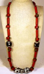 Ethnographic Stone Beaded Necklace W Pottery Hand Painted Beads 24'