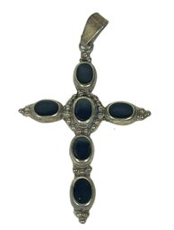 1980s Mexican Sterling Silver And Black Onyx Cross Pendant 3' Long