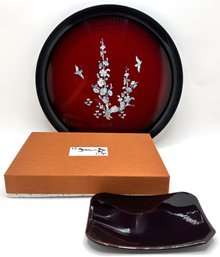 Japanese Genuine Lacquer Tray With Mother-Of-Pearl Inlay & New In Box Set Of 4 Rectangular Lacquer Plates