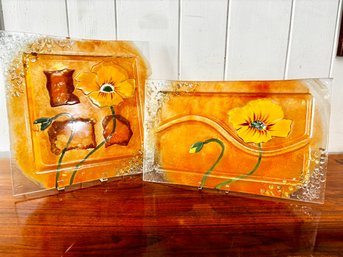 Pair Of Mid Century Hand Painted Raised Glass Trays