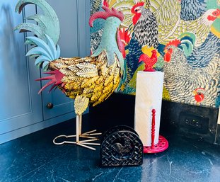 Large Metal Rooster With Rooster Motif Paper Towel And Napkin Holders
