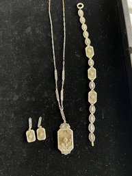 Vintage Art Deco White Metal Filigree & Faux Quartz Jewelry Suite