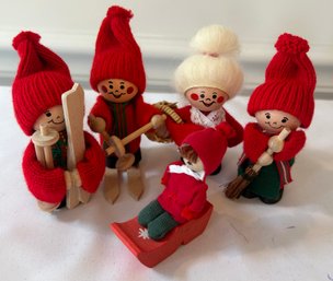 Small Holiday Figures With Skis And Sled, Sweden - Set Of 5