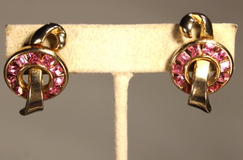 PAIR SIGNED STERLING SILVER SCREW BACK EARRINGS HAVING PINK RHINESTONES SIGNED