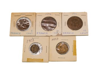 5 Antique France Coins 1854, 1856, 1911, 1923