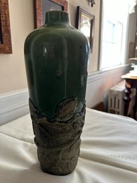 Beautiful Tall Green Vase With Raised Green Stone Finished Leaves