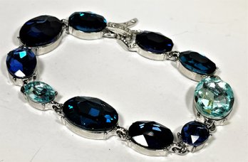 Silver Tone Blue Rhinestone Signed Bracelet