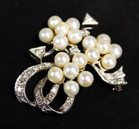 LARGE 14K WHITE GOLD DIAMOND & CULTURED PEARL BROOCH