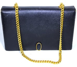 Vintage 'Manon' Ladies Navy Blue Leather Purse W Gold Tone Chain Handle