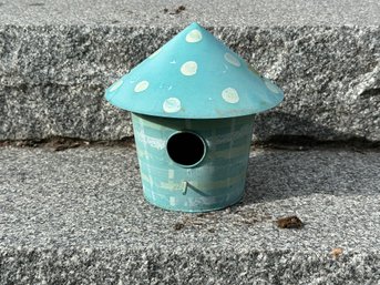 A Cheerful Hand-Painted Tin Bird House In Blue