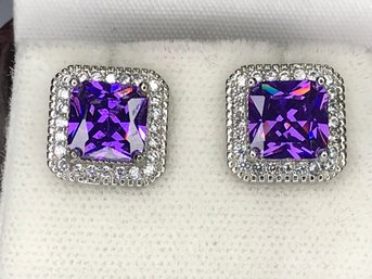Gorgeous Brand New - 925 / Sterling Silver Earrings With Deep Intense Color Amethyst - Encircled With Zircons