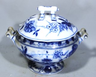 Antique Flow Blue Pedestal Sauce Tureen In Blue Onion