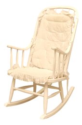 White Wood Spinfle High Back Rocking Chair With Sweet Pea Quilted Eyelet Ruffled Removeable Seat Padding