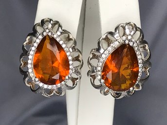 Incredible Large 925 / Sterling Silver Earrings With White & Orange Topaz - Very Pretty - Lever Backs