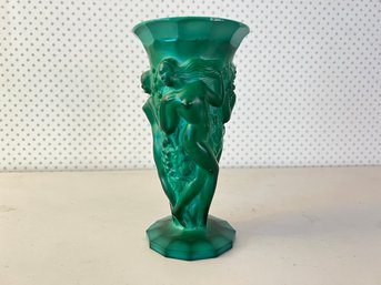 Antique Art Deco Nude Figural Malachite Glass Vase 'The Harvest'