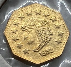 AUTHENTIC 1852 CALIFORNIA GOLD RUSH 'fierce Indian' 1/2 DOLLAR GOLD TOKEN- Fractional Currency