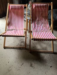 Pair Of Striped Sling Back Armless Beach Chairs